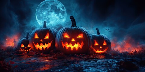 Naklejka premium A Halloween banner showcasing glowing evil pumpkins with fog under the moonlight on a spooky night.