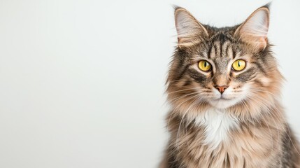 Fototapeta premium Maine Coon cat with striking yellow eyes on a white isolated background.