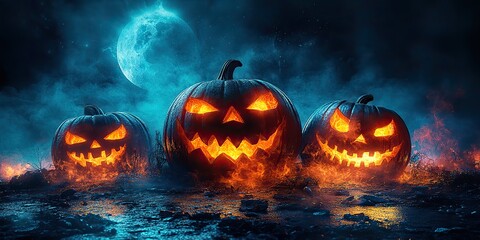 Fototapeta premium A Halloween banner showcasing glowing evil pumpkins with fog under the moonlight on a spooky night.