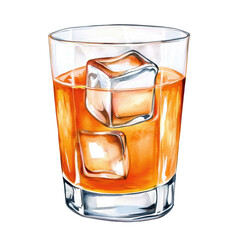 A glass of orange juice with ice cubes in it