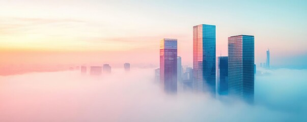 Tall modern skyscrapers emerging from fog at sunrise.