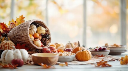 Fototapeta premium Autumn harvest with pumpkins, gourds, and leaves on wooden table, soft natural light.