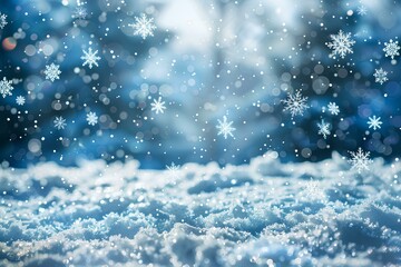 A snow covered ground with snow flakes