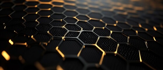 Luxury hexagonal abstract black metal background with golden light lines for dark 3d geometric texture designs and elegant wedding projects