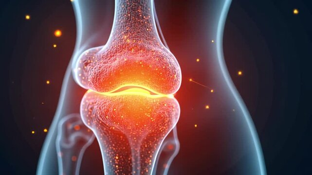 A close-up of an inflamed joint suffering from arthritis, showing damage to the cartilage and bone structure. The graphic is for medical studies or articles on chronic diseases