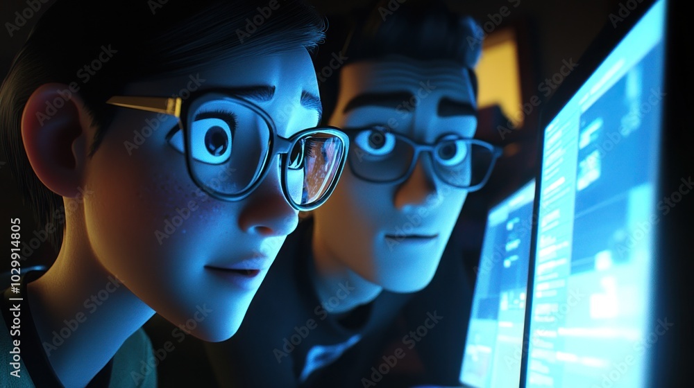 Poster two animated characters concentrating on computer screens
