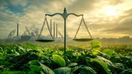 A concept of climate justice with scales balancing nature and industry.