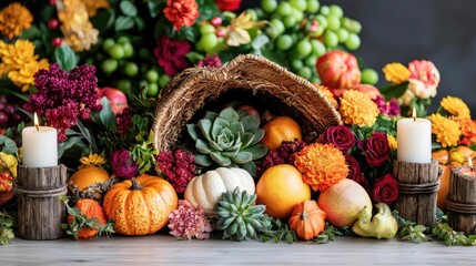 Beautiful autumn display with pumpkins, flowers, and candles on a rustic table.