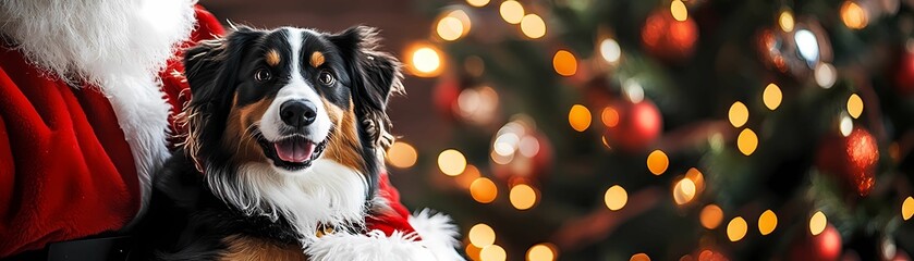 Fototapeta premium Capture a playful dog sitting on Santa Claus’s.