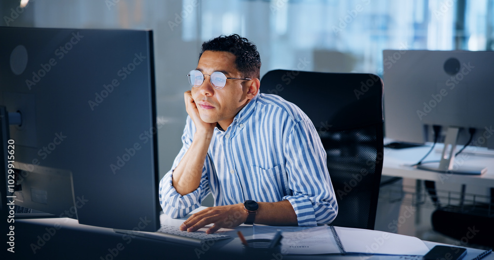 Poster tired, night and bored with business man and computer for deadline report, overtime and advisory. re