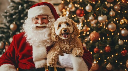 Capture a playful dog sitting on Santa Claus’s.