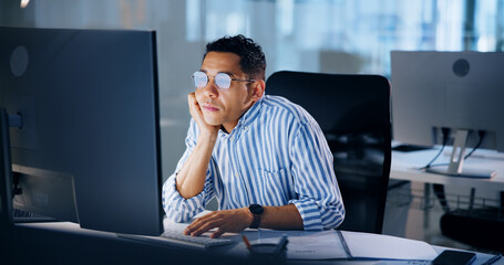 Tired, night and bored with business man and computer for deadline report, overtime and advisory....