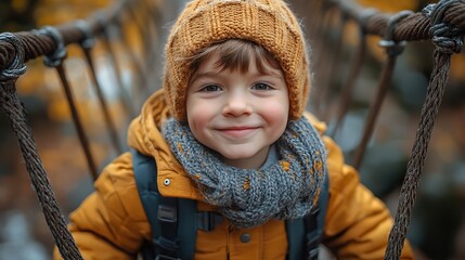 A happy little boy navigates a rope bridge in a park.