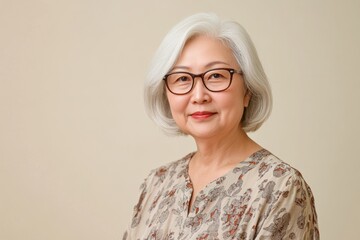 An elderly Asian grandmother with silver hair poses gracefully against a white backdrop, her gentle expression capturing the wisdom and grace of old age.