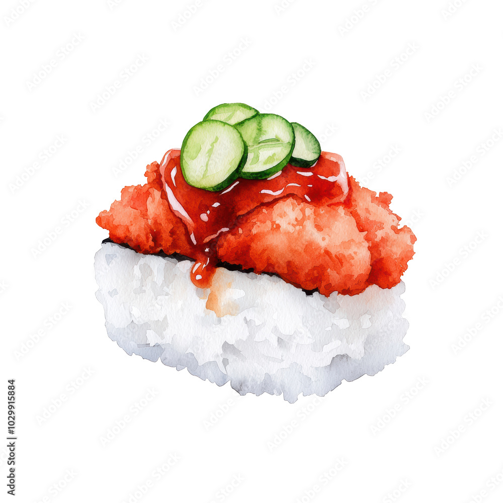 Poster a drawing of a sushi roll with sauce and cucumber slices