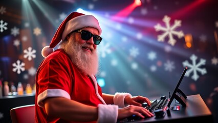 DJ Santa Claus in sunglasses at the DJ console a the party at nightclub bokeh festive stage lights background copyspace invitation to Christmas party
