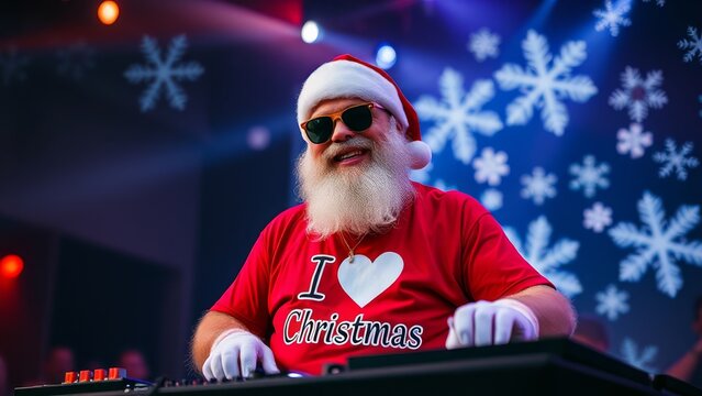 DJ Santa Claus in sunglasses Santa hat with print I love Christmas on t-short at the DJ console in the spotlight in a nightclub. Christmas party poster announcement.