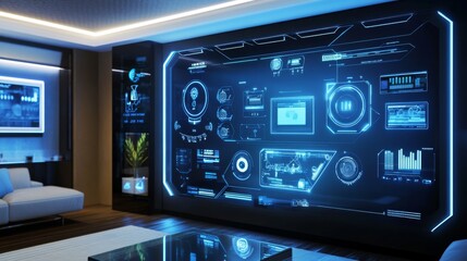 A futuristic home setup where trendy topics in smart home technology are displayed and controlled, with a focus on convenience and innovation