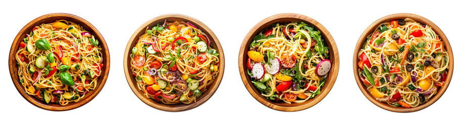 Topping salad pasta, cherry tomatoes, olives, paprika, vegetables, spaghetti isolated on a transparent PNG background, white background , cut out, clipping path, Generative Ai
