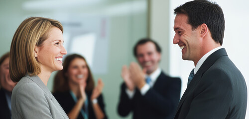 Business professionals meet for the first time at a conference, exchanging smiles and handshakes as they introduce themselves. The environment is welcoming and conducive to networking.