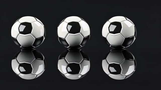 Three soccer balls are arranged in a row on a black surface