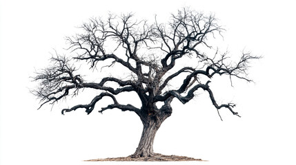 A lone, leafless tree stands against a white winter background, embodying stillness