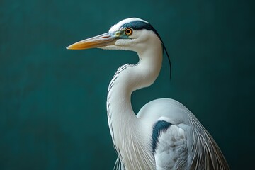 A heron dressed in an elegant suit and tie poses with a charming human-like demeanor in this fashion-forward anthropomorphic portrait.