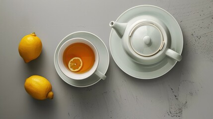 Elegant Tea Moment: A Minimalist Tea Set with Lemon on a Grey Background 