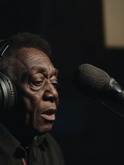 A radio host wearing large headphones, intensely focused on their script while speaking into the microphone.