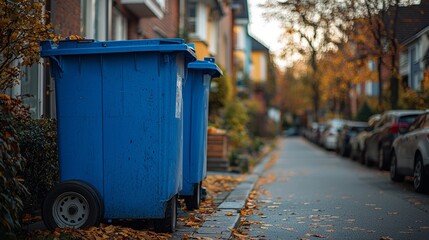 Blue garbage bins on a residential street in autumn scenery