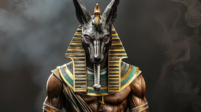 Anubis, the Egyptian god of the dead, stands tall with his signature jackal head and golden attire