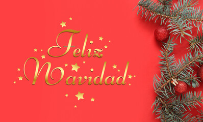 Composition with Christmas balls and fir branches on red background