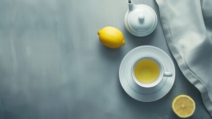 Elegant Tea Moment: A Minimalist Tea Set with Lemon on a Grey Background 