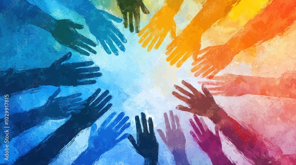 Aufkleber an abstract design representing equality with diverse hands in a circle.