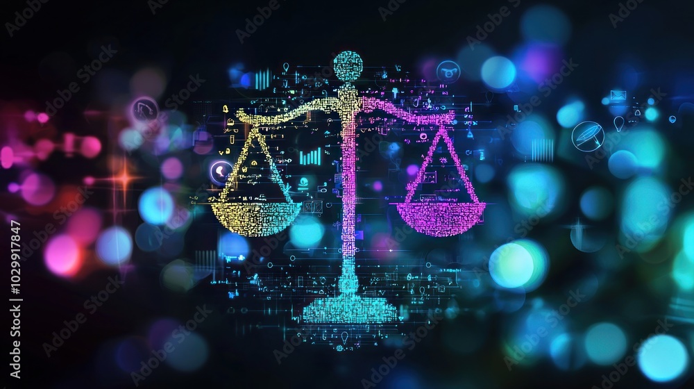 Poster a digital representation of equality with abstract symbols and icons.