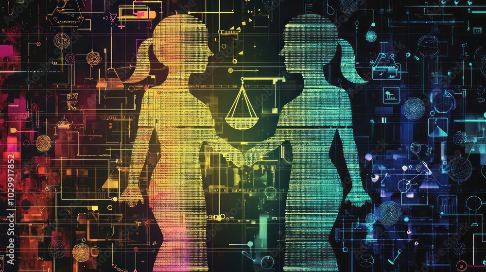 Poster a digital representation of equality with abstract symbols and icons.