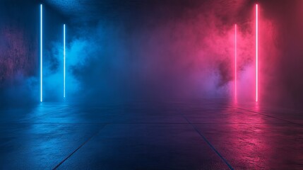 Atmospheric background of empty room with neon lights, smoke, and fog over asphalt and concrete floor