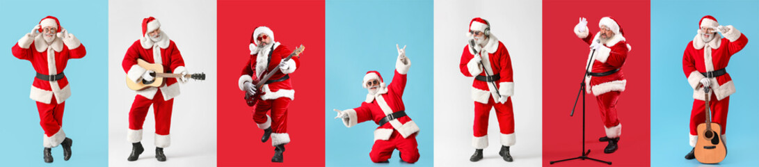 Set of Santa Clauses playing guitar and singing on color background. Christmas music concept