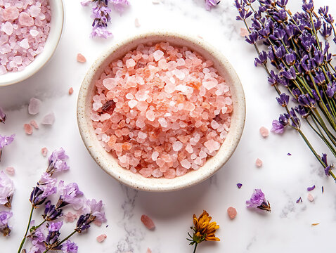 Pink himalayan bathsalt and lavander herbs