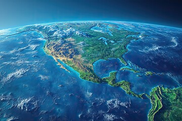 A high-resolution satellite view highlights North America, including the USA, Mexico, Alaska, the North Pole, and Greenland, in a detailed 3D illustration.