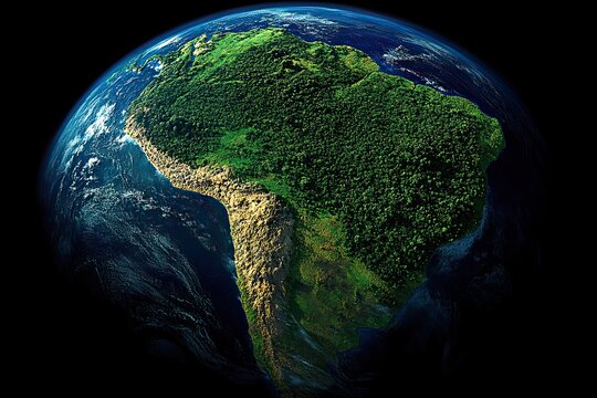 A high-resolution satellite view highlights South America, focusing on Brazil and the Amazon rainforest in detailed 3D.