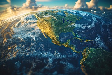 Fototapeta premium A high-resolution satellite view of North and Central America, including Mexico, the USA, Canada, Alaska, and Greenland, showcases detailed 3D imagery.