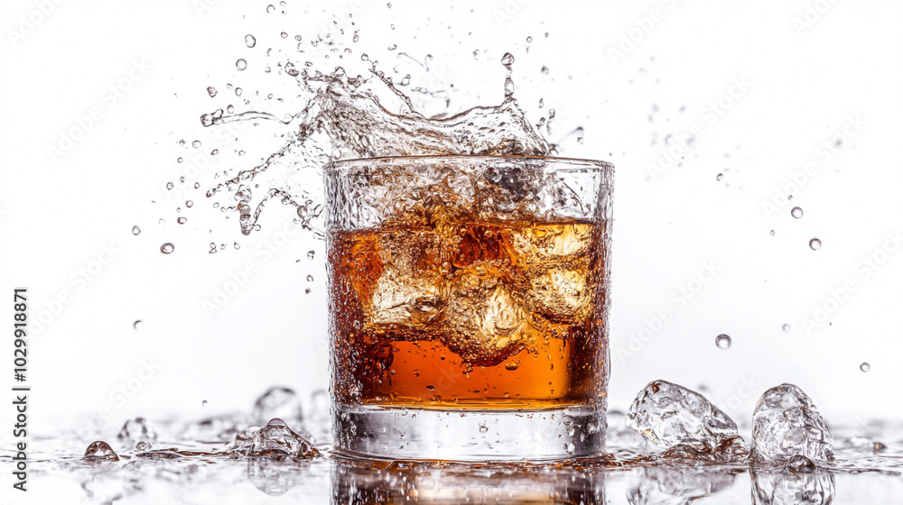 Poster refreshing beverage with ice splashing in a glass on a bright background in a lively setting