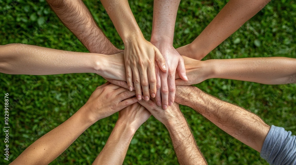 Aufkleber hands from different team members stacking together in a symbol of unity and teamwork.