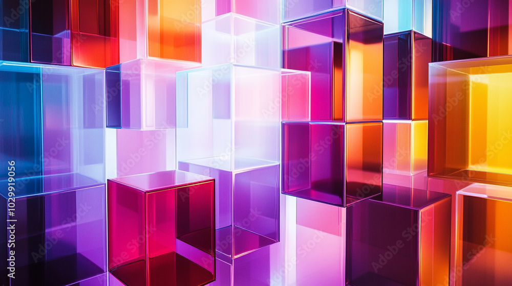 Poster colorful translucent cubes creating a vibrant abstract background in various shapes and sizes