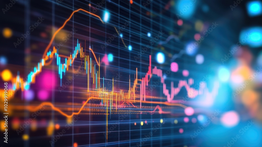 Poster abstract financial chart with glowing lines and bokeh.