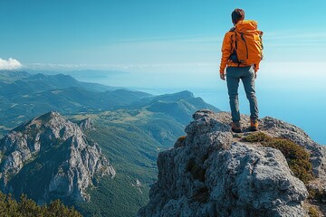 Obraz premium A hiker standing atop a rock, gazing into the distance.