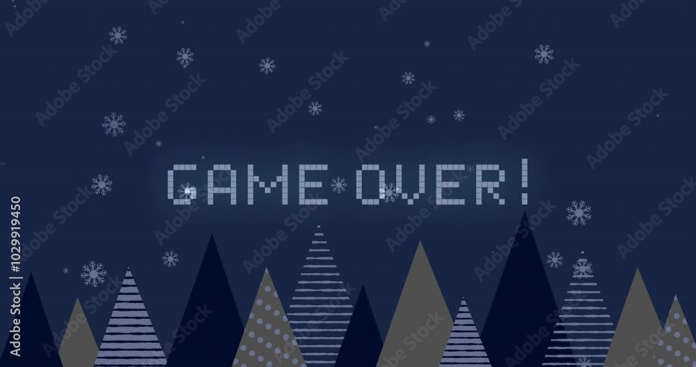 Poster game quiz text animation over snowflakes and stylized trees in winter scene