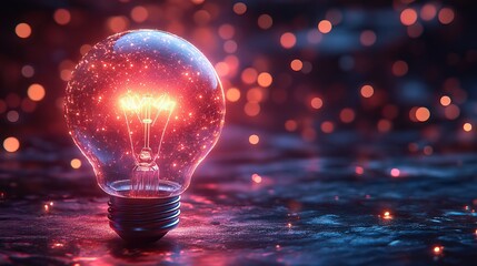 A holographic glowing light bulb in low polygonal style on a dark background.