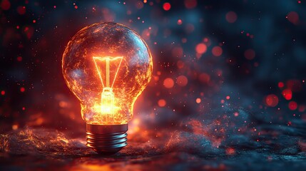 A holographic glowing light bulb in low polygonal style on a dark background.